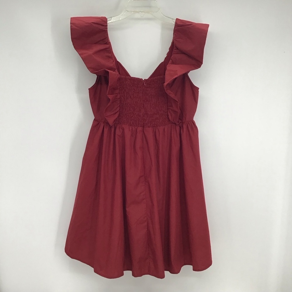 ENTRO NWT Poplin Ruffle Sleeve Baby Doll Mini Dress Maroon Career Size L - Picture 4 of 11